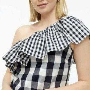 NWT J. Crew Navy & White Gingham Cotton Ruffle One-Shoulder Top - SIZE 4